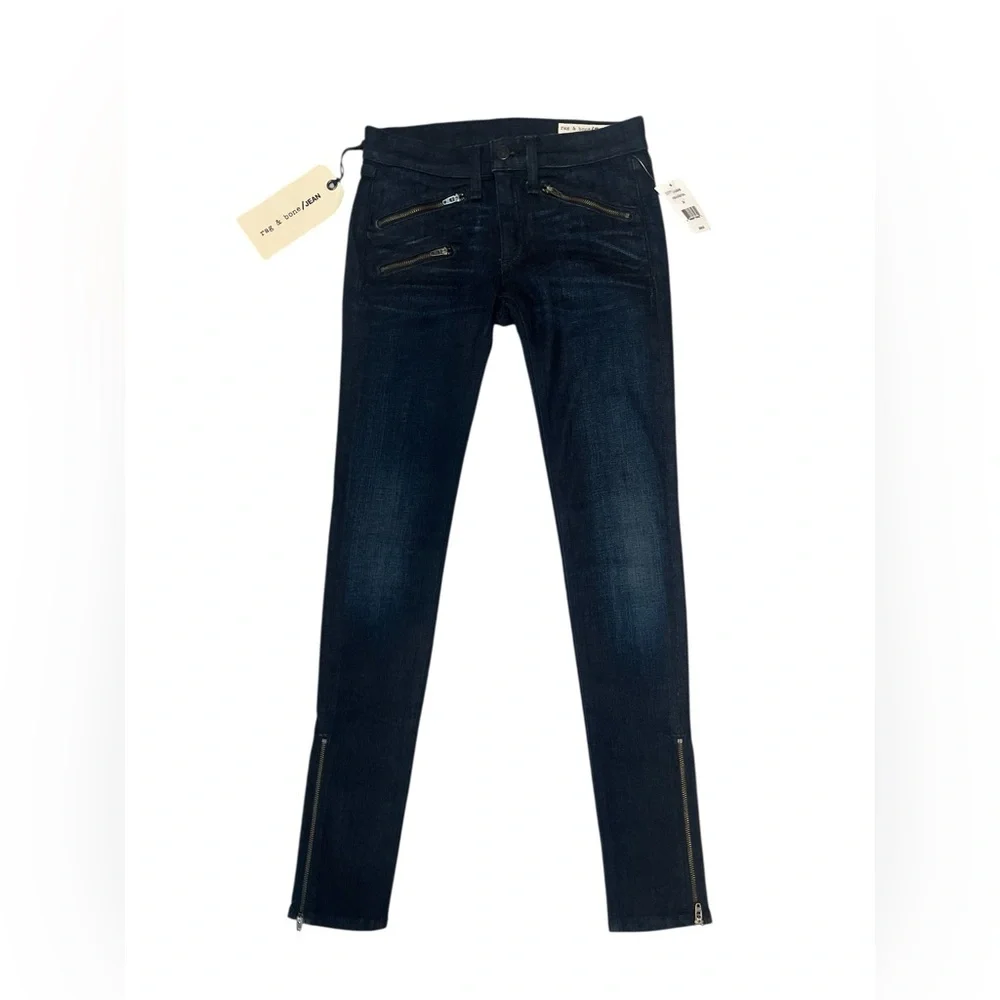 Rag & Bone Kensington Moto Skinny Jeans Dark Blue Zip Detail Size 24 NWT - Picture 3 of 16